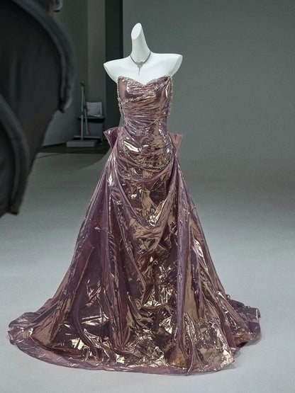 Purple Sparkly Satin Prom Dresses with Sweetheart Neckline, Rhinestones & Bow-Tie - CQ0117-Couture Gown 2025 -Viniodress-Purple-Custom Size-