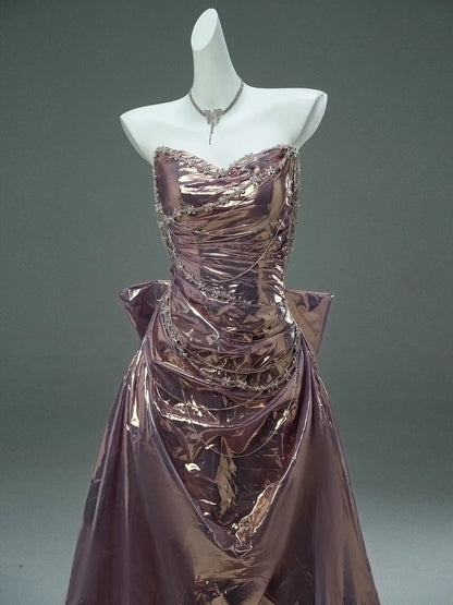 Purple Sparkly Satin Prom Dresses with Sweetheart Neckline, Rhinestones & Bow-Tie - CQ0117-Couture Gown 2025 -Viniodress-Purple-Custom Size-