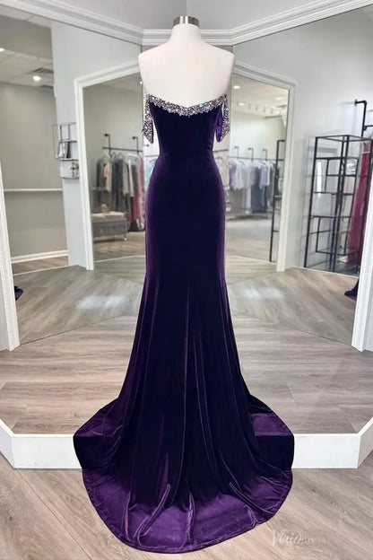 Purple Velvet Off-the-Shoulder Mermaid Pageant Gown with Crystal Beaded Neckline & Deep V – PG015-prom dresses 2026-Viniodress-Purple-Custom Size-