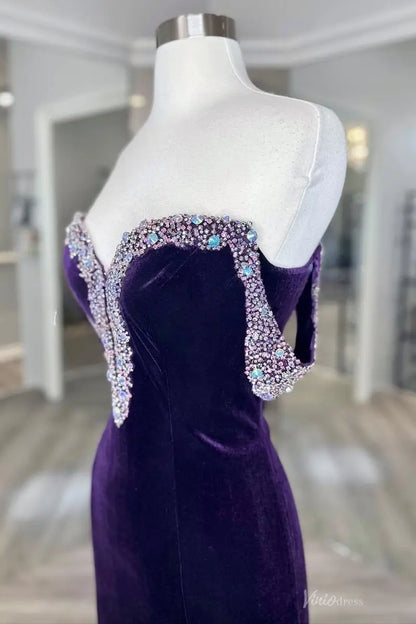 Purple Velvet Off-the-Shoulder Mermaid Pageant Gown with Crystal Beaded Neckline & Deep V – PG015-prom dresses 2026-Viniodress-Purple-Custom Size-