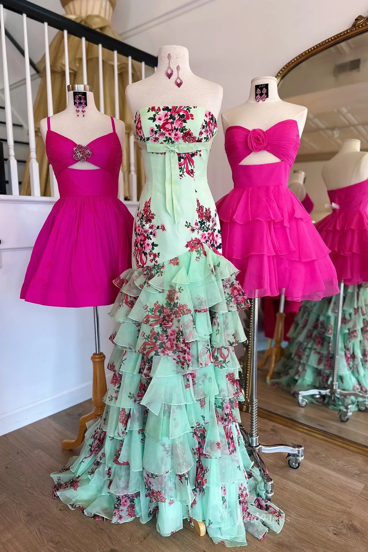 Sage Strapless Floral Mermaid Prom Dress with Tiered Chiffon Skirt & High Slit - RF057