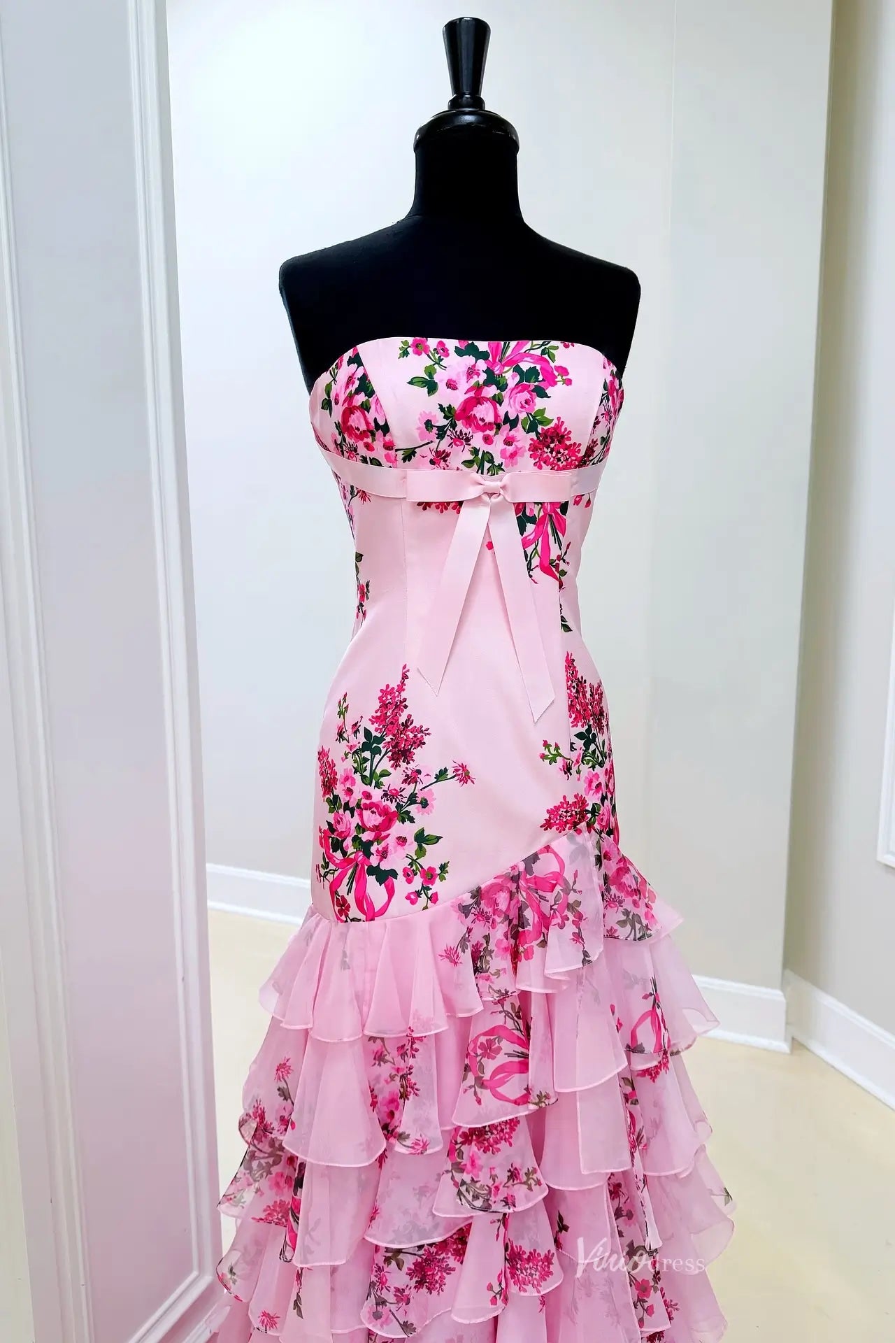 Sage Strapless Floral Mermaid Prom Dress with Tiered Chiffon Skirt & High Slit - RF057