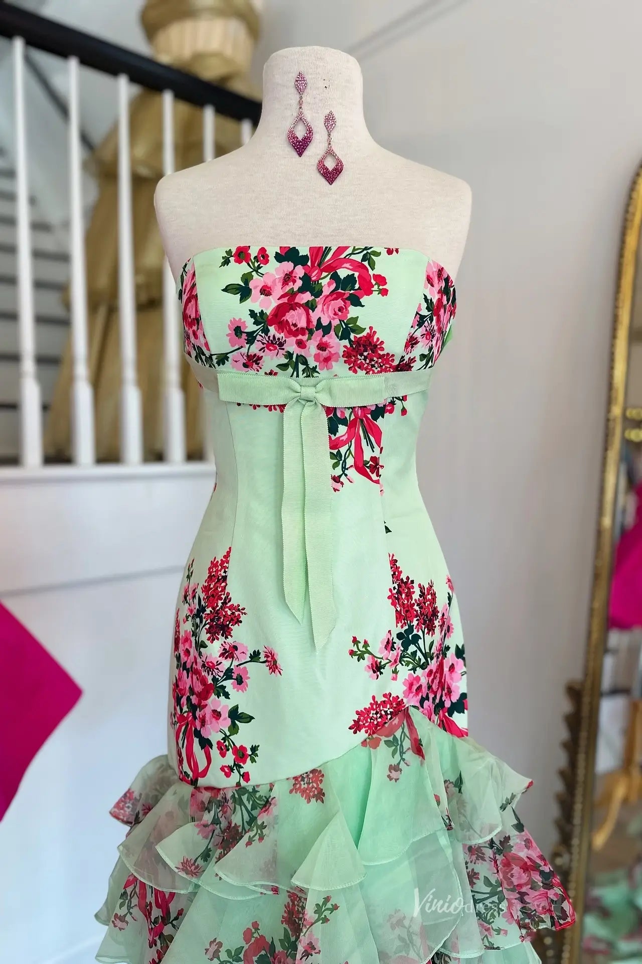 Sage Strapless Floral Mermaid Prom Dress with Tiered Chiffon Skirt & High Slit - RF057