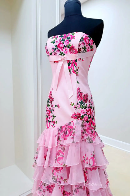 Sage Strapless Floral Mermaid Prom Dress with Tiered Chiffon Skirt & High Slit - RF057