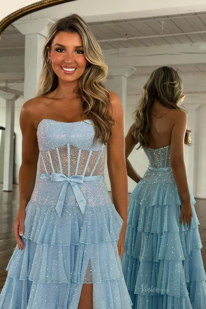 Sparkly Ruffled Prom Dresses Strapless Corset Tiered Evening Gown with Slit RF096