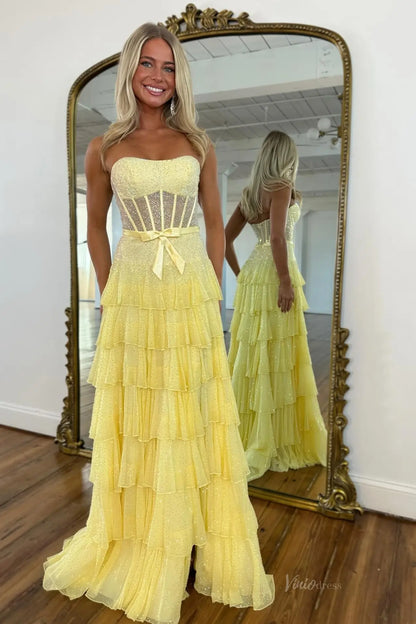 Sparkly Ruffled Prom Dresses Strapless Corset Tiered Evening Gown with Slit RF096