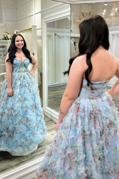 Sky Blue Floral Tulle Ball Gown Prom Dress with Sweetheart Twist Bodice & Layered Ruffle Skirt – RF150