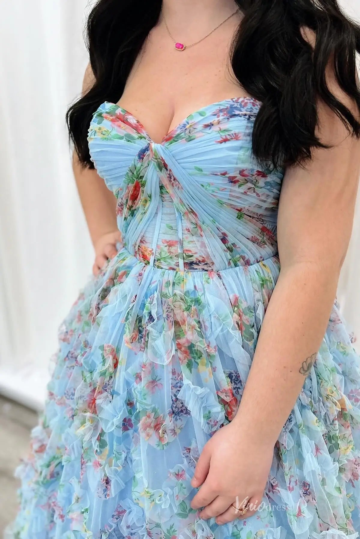 Sky Blue Floral Tulle Ball Gown Prom Dress with Sweetheart Twist Bodice & Layered Ruffle Skirt – RF150