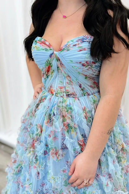 Sky Blue Floral Tulle Ball Gown Prom Dress with Sweetheart Twist Bodice & Layered Ruffle Skirt – RF150