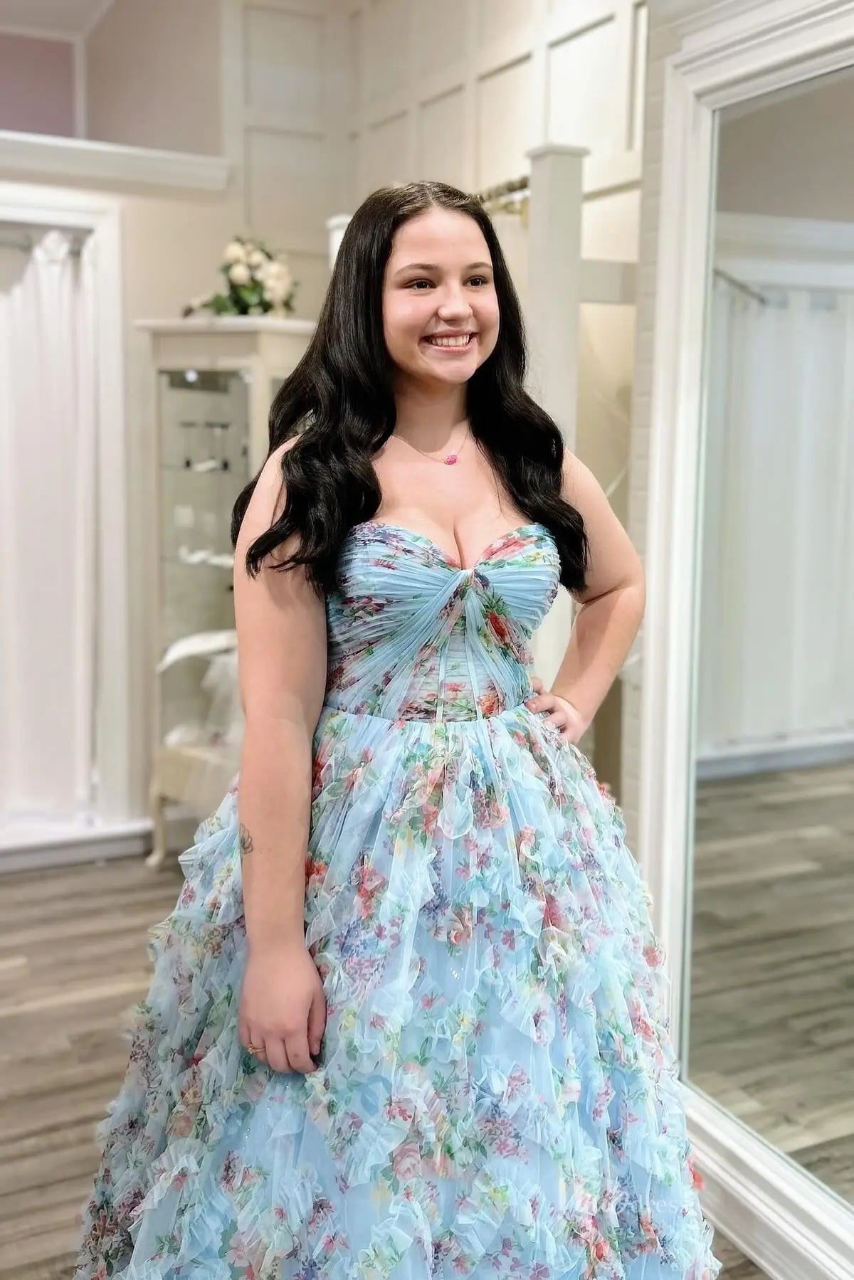 Sky Blue Floral Tulle Ball Gown Prom Dress with Sweetheart Twist Bodice & Layered Ruffle Skirt – RF150