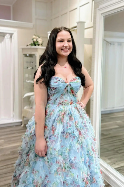 Sky Blue Floral Tulle Ball Gown Prom Dress with Sweetheart Twist Bodice & Layered Ruffle Skirt – RF150