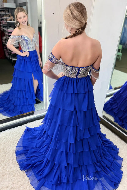 Royal Blue Beaded Off-the-Shoulder Prom Dress with Ruffle Skirt & High Slit – RF205