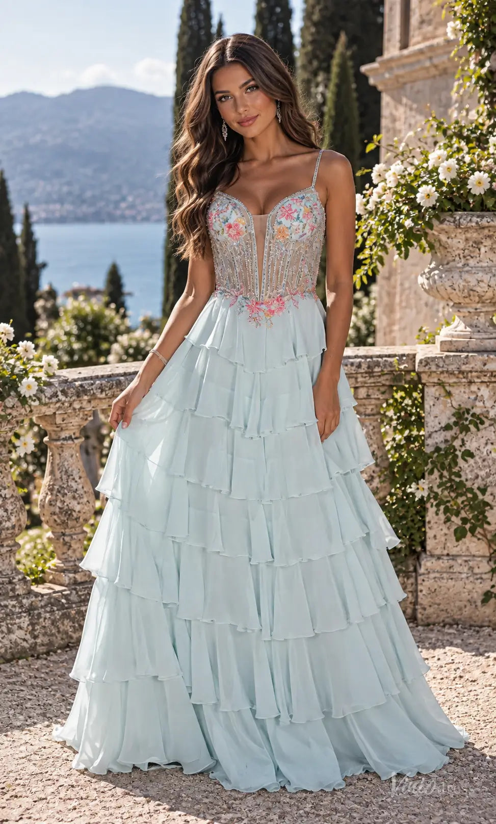 Floral Corset Ruffle Chiffon Prom Dresses with Lace-Up Back RF510