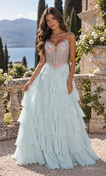 Floral Corset Ruffle Chiffon Prom Dresses with Lace-Up Back RF510