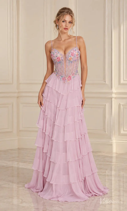 Floral Corset Ruffle Chiffon Prom Dresses with Lace-Up Back RF510
