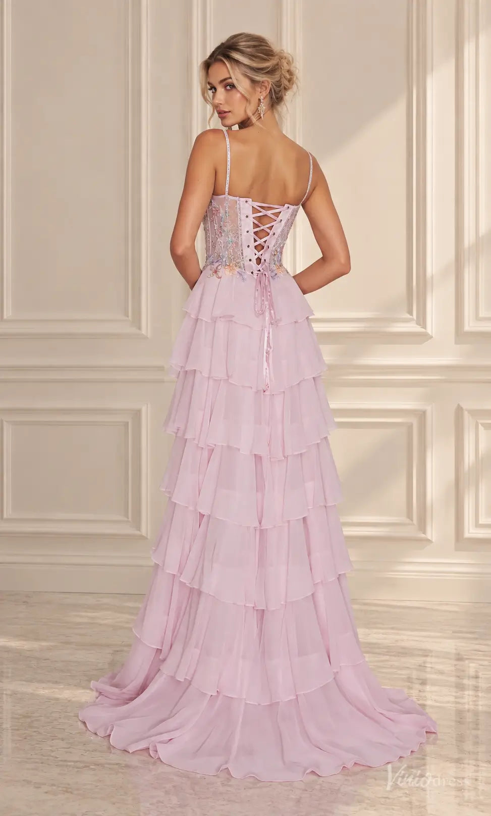 Floral Corset Ruffle Chiffon Prom Dresses with Lace-Up Back RF510