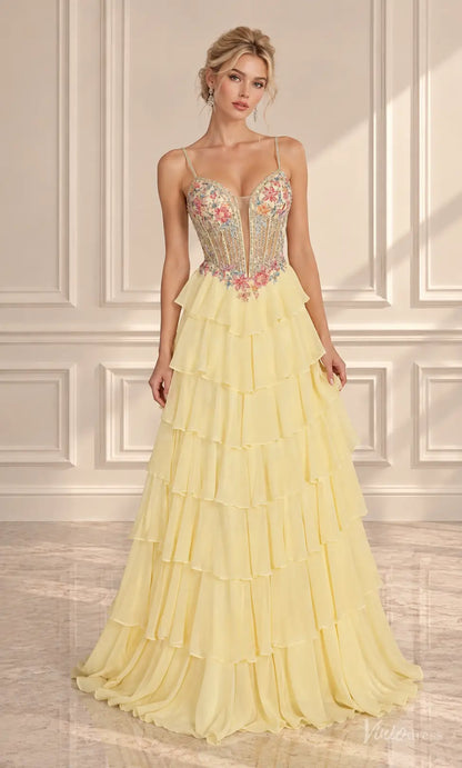 Floral Corset Ruffle Chiffon Prom Dresses with Lace-Up Back RF510