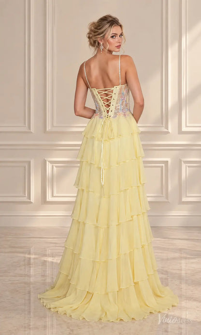 Floral Corset Ruffle Chiffon Prom Dresses with Lace-Up Back RF510