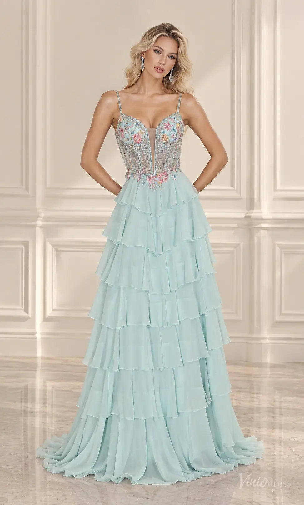 Floral Corset Ruffle Chiffon Prom Dresses with Lace-Up Back RF510