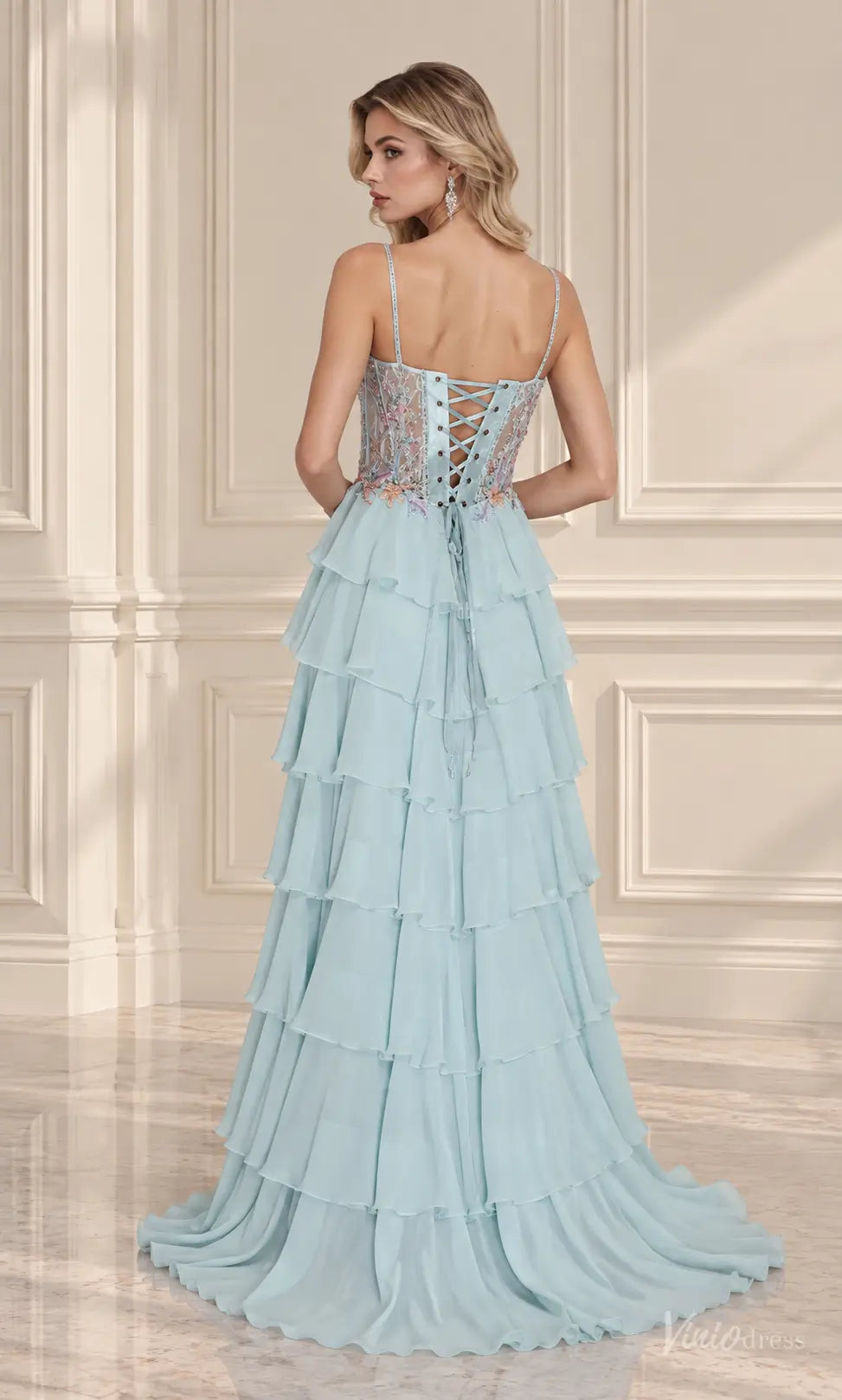 Floral Corset Ruffle Chiffon Prom Dresses with Lace-Up Back RF510