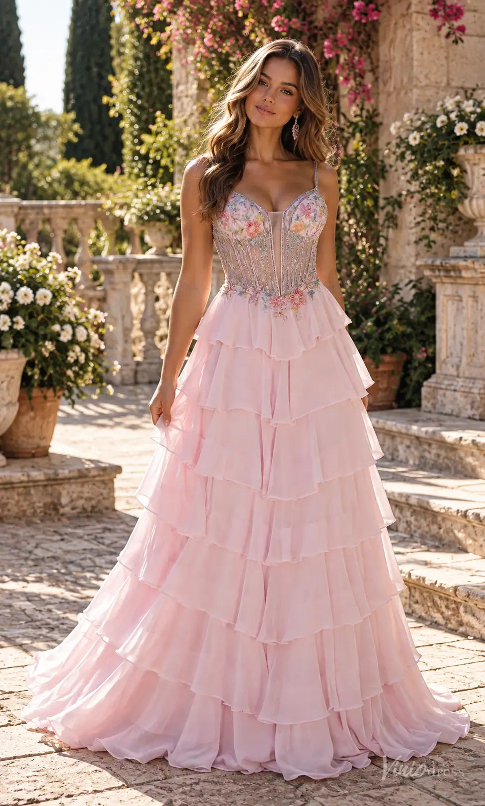 Floral Corset Ruffle Chiffon Prom Dresses with Lace-Up Back RF510