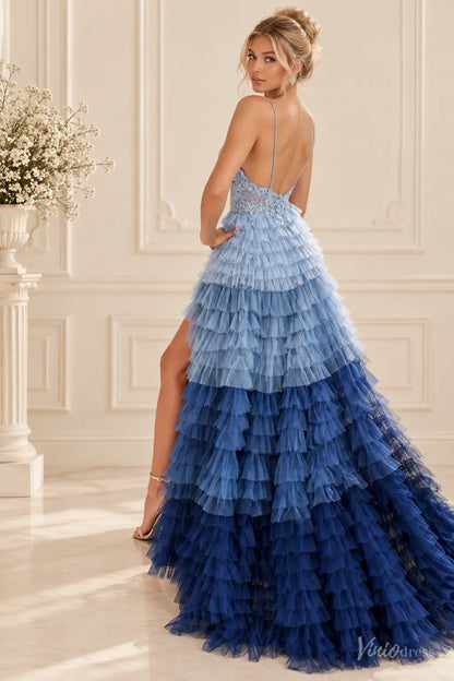 Ombre Ruffled Tulle Prom Dresses with Lace Bodice, High Slit & Spagehtti Straps RF511