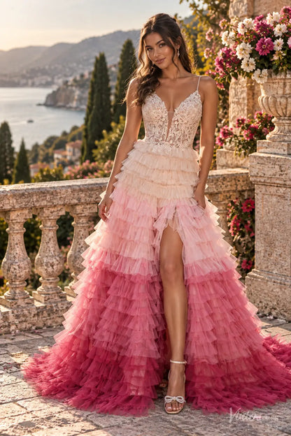 Ombre Ruffled Tulle Prom Dresses with Lace Bodice, High Slit & Spagehtti Straps RF511