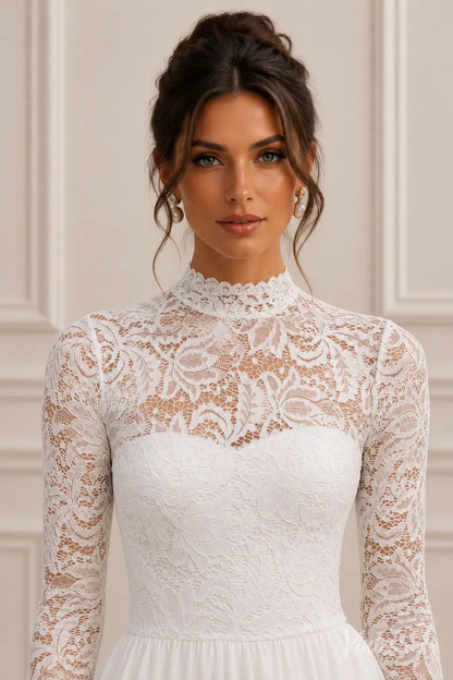 Elegant white lace wedding dress featuring a high neckline, long sleeves, and a sweetheart bodice design.