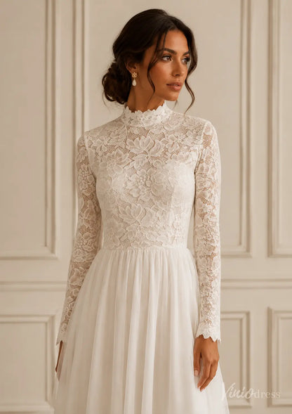 White long-sleeve wedding dress with a high lace neckline, floral lace bodice, and a flowing tulle skirt.