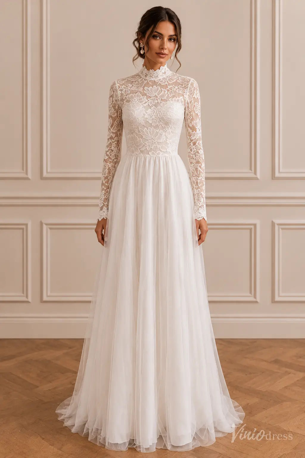 White A-line wedding dress featuring a high-neck lace bodice, long sleeves, and a flowing floor-length tulle skirt.