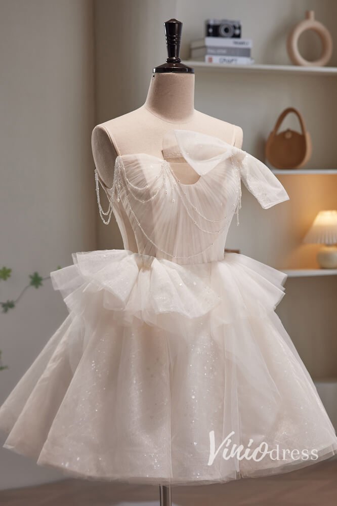 Radiant Bow-Tie Homecoming Dresses Sparkly Tulle Short Prom Dress SD1614-prom dresses 2025 -Viniodress-White-Custom Size-