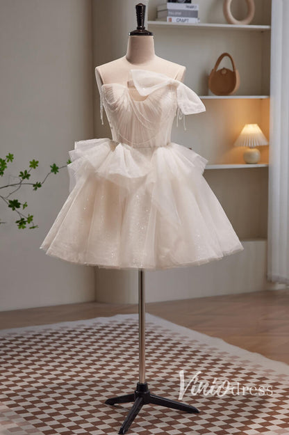 Radiant Bow-Tie Homecoming Dresses Sparkly Tulle Short Prom Dress SD1614-prom dresses 2025 -Viniodress-White-Custom Size-
