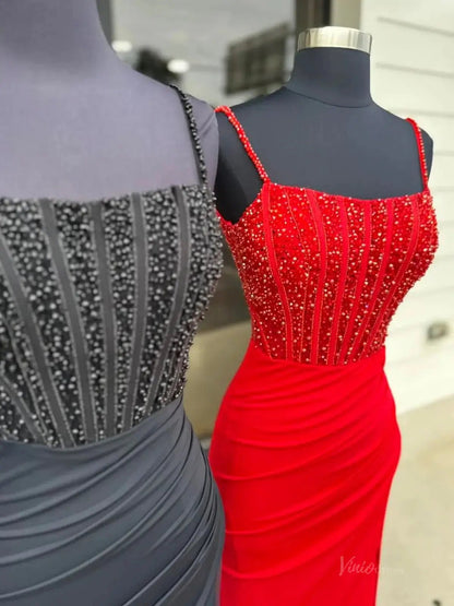 Radiant Satin Mermaid Prom Dresses 2025 with Slit, Spaghetti Strap & Beaded Boned Bodice – FD5060-prom dresses 2025 -Viniodress-Pink-Custom Size-