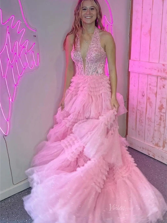 Radiant Sparkly Tulle Prom Dresses 2025 Ruffled Lace Halter Neck Formal Gown with Slit FD3730-prom dresses 2025 -Viniodress-Pink-Custom Size-