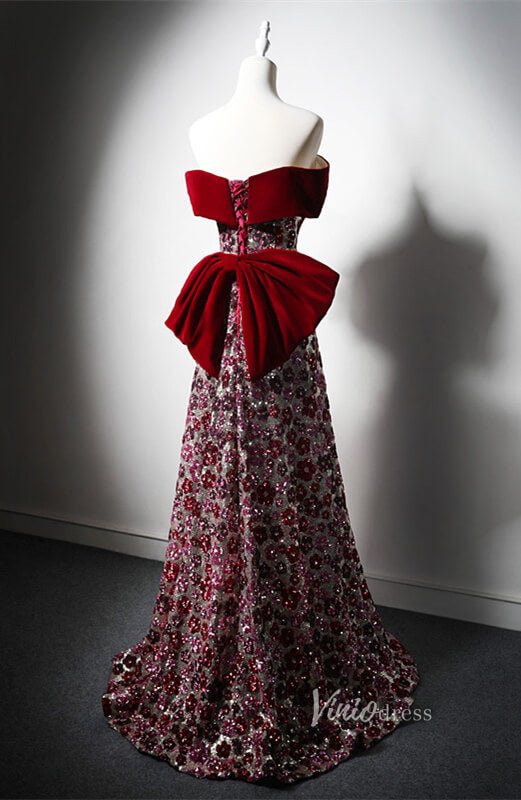 Red Beaded Floral Bow Tie Prom Dresses Off the Shoulder Formal Dress AD1216-prom dresses 2025 -Viniodress-Red-Custom Size-