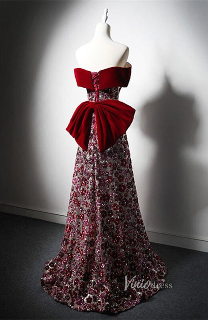 Red Beaded Floral Bow Tie Prom Dresses Off the Shoulder Formal Dress AD1216-prom dresses 2025 -Viniodress-Red-Custom Size-