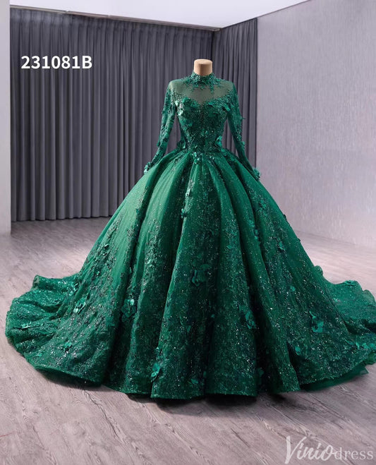 Red Beaded Lace Applique Wedding Gown Long Sleeve Quinceanera Dress 231081b-Quinceanera Dresses 2025 -Viniodress-Green-Custom Size-
