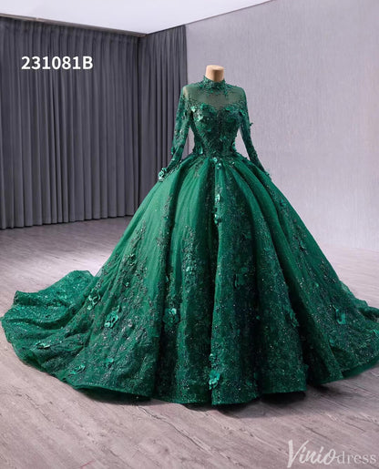 Red Beaded Lace Applique Wedding Gown Long Sleeve Quinceanera Dress 231081b-Quinceanera Dresses 2025 -Viniodress-Red-Custom Size-
