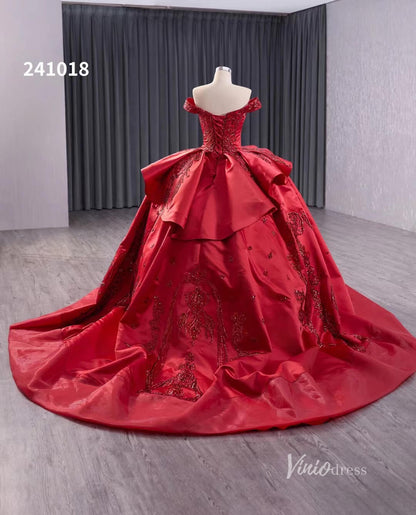 Red Beaded Lace Wedding Dresses Off the Shoulder Tiered Quinceanera Dress 241018-Quinceanera Dresses 2025 -Viniodress-Red-Custom Size-