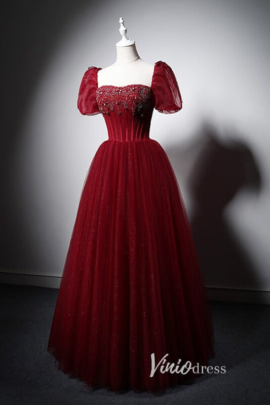 Red Beaded Prom Dresses Puffed Sleeve Evening Dress AD1013-prom dresses 2025 -Viniodress-Red-Custom Size-