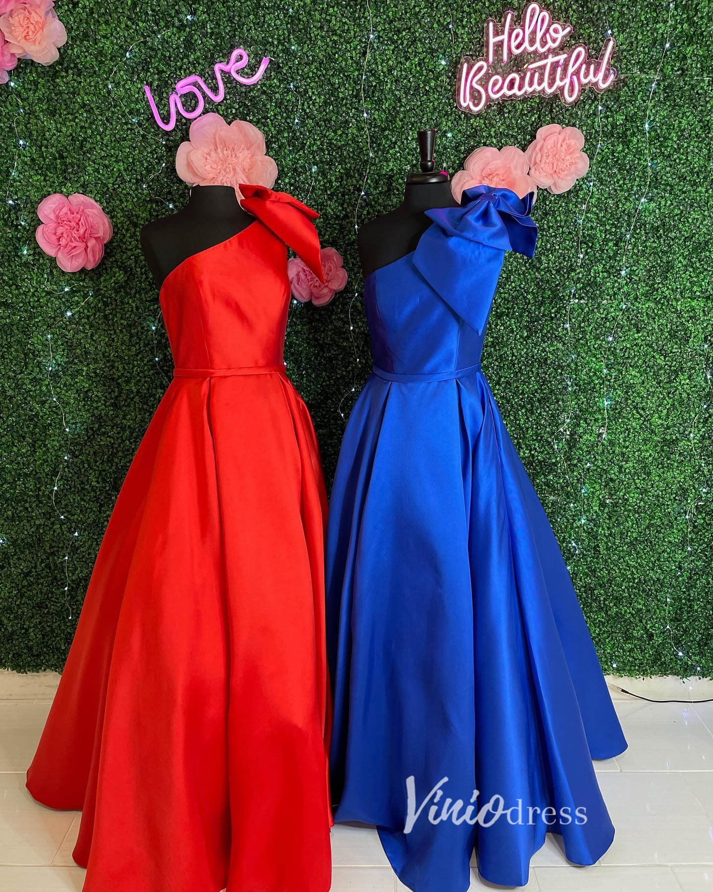 Red Bow Tie Satin Prom Dresses 2024 One Shoulder Evening Gown with Pockets FD3336-prom dresses 2025 -Viniodress-Red-Custom Size-
