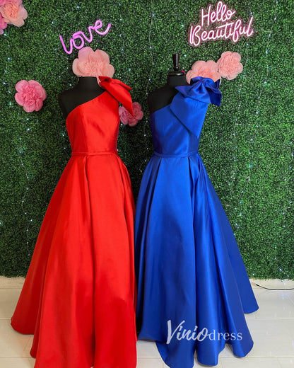 Red Bow Tie Satin Prom Dresses 2024 One Shoulder Evening Gown with Pockets FD3336-prom dresses 2025 -Viniodress-Red-Custom Size-