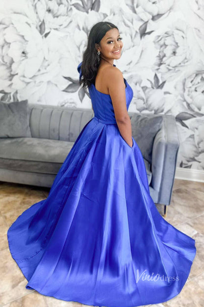 Red Bow Tie Satin Prom Dresses 2024 One Shoulder Evening Gown with Pockets FD3336-prom dresses 2025 -Viniodress-Red-Custom Size-
