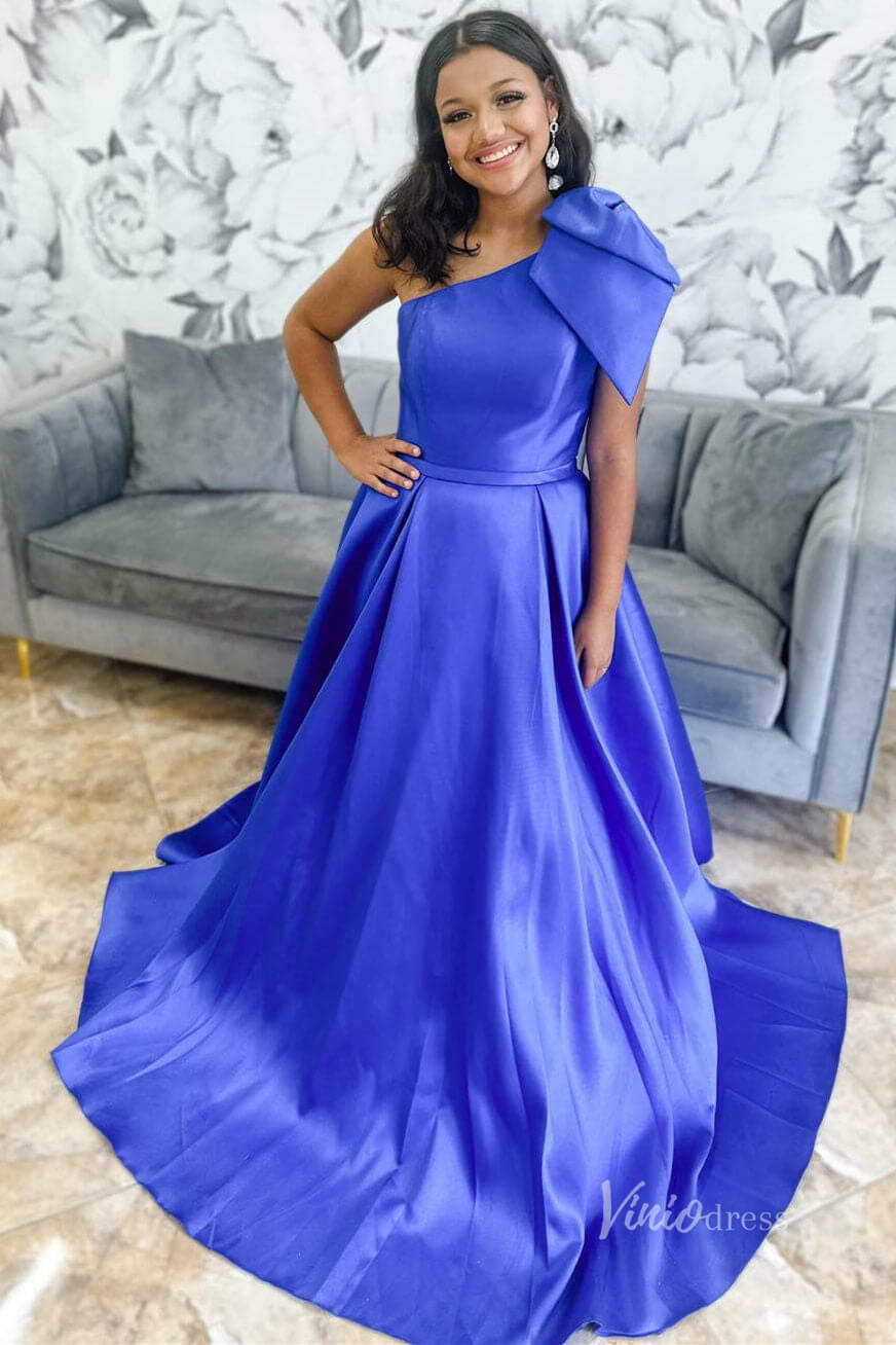 Red Bow Tie Satin Prom Dresses 2024 One Shoulder Evening Gown with Pockets FD3336-prom dresses 2025 -Viniodress-Red-Custom Size-