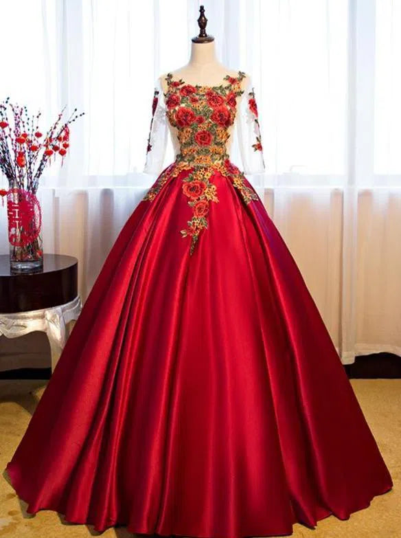 Red Floral Ball Gown Prom Dresses with Sleeves FD1220-B-prom dresses-Viniodress-Rose Red-Custom Size-Viniodress