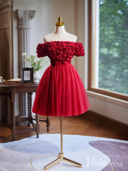 Red Floral Homecoming Dresses Off the Shoulder Graduation Dress BJ054