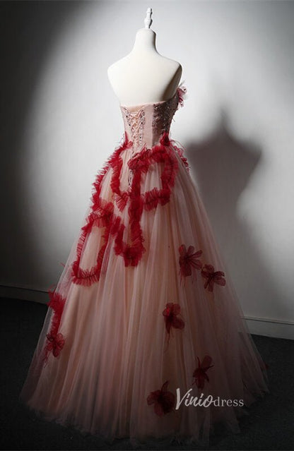 Red Floral Ruffled Prom Dresses Strapless Formal Dress AD1213-prom dresses 2025 -Viniodress-Red-Custom Size-