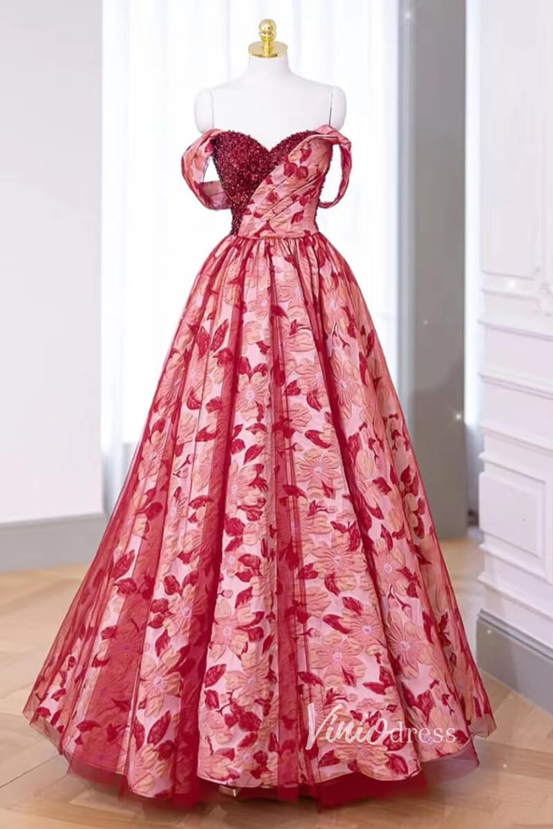 Red Jacquard Prom Dresses Long Sweetheart Neck FD3409 Off the Shoulder-prom dresses 2025 -Viniodress-Red-Custom Size-