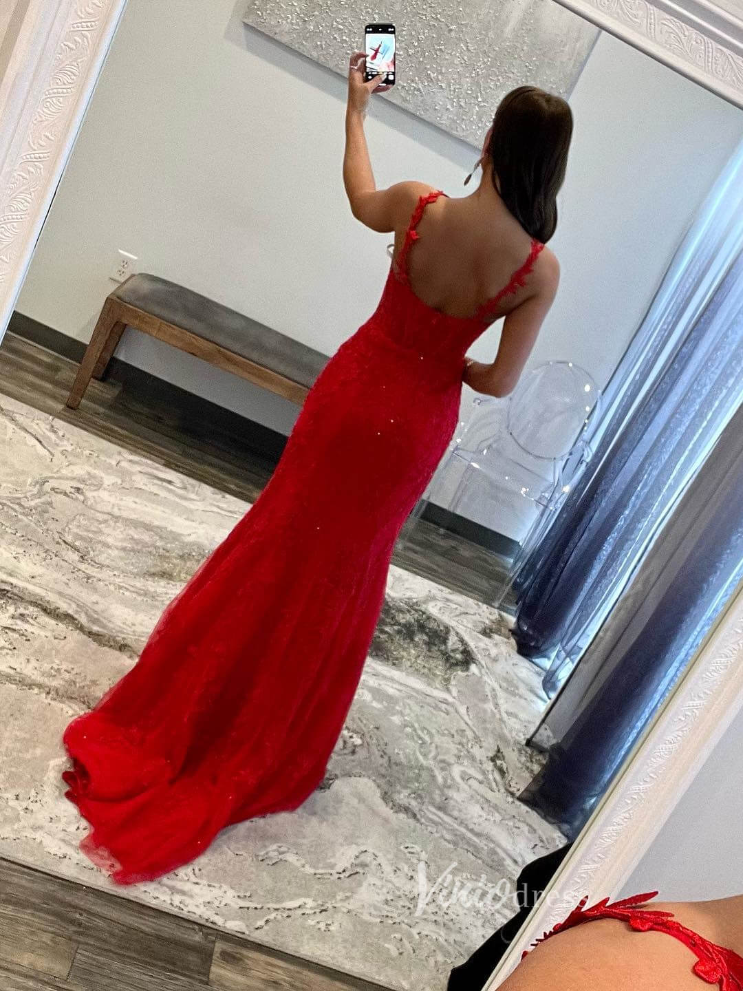 Red Lace Applique Prom Dresses Mermaid Spaghetti Strap Evening Dress FD3577-prom dresses 2025 -Viniodress-Red-Custom Size-