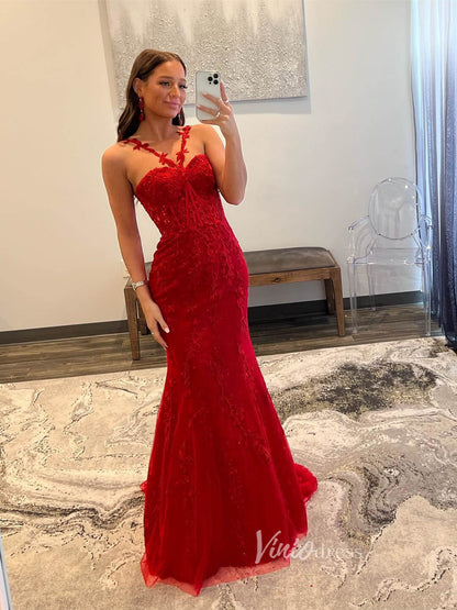 Red Lace Applique Prom Dresses Mermaid Spaghetti Strap Evening Dress FD3577-prom dresses 2025 -Viniodress-Red-Custom Size-